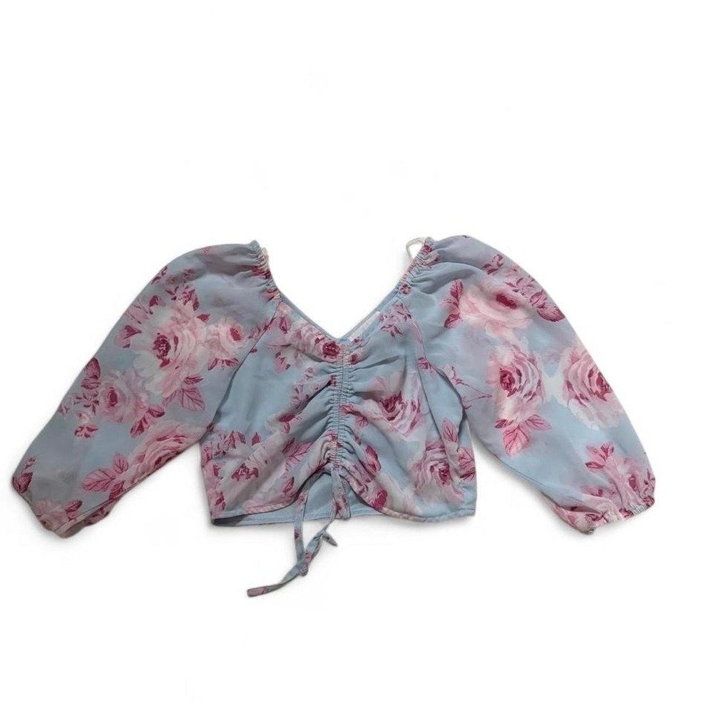 Rare Editions Big Girls Cinched Floral Chiffon Top Blue Pink.